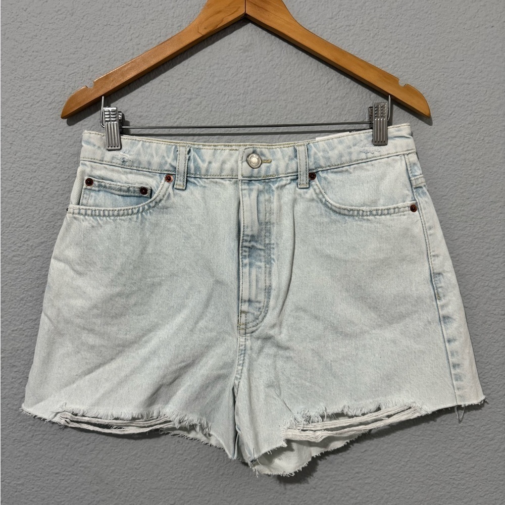 Zara Women Light Blue Boho High Rise Rigid Distressed Denim Short Size 8
